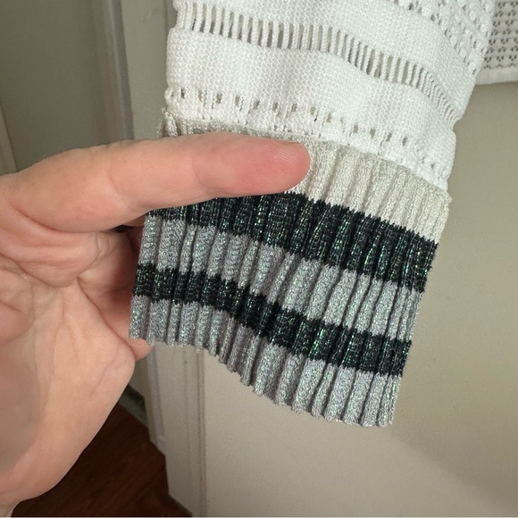 Tibi White Eyelet Semi-Sheer Long Sleeve Top W/Sparkly Shimmer Striped Cuffs 6 - Picture 7 of 14